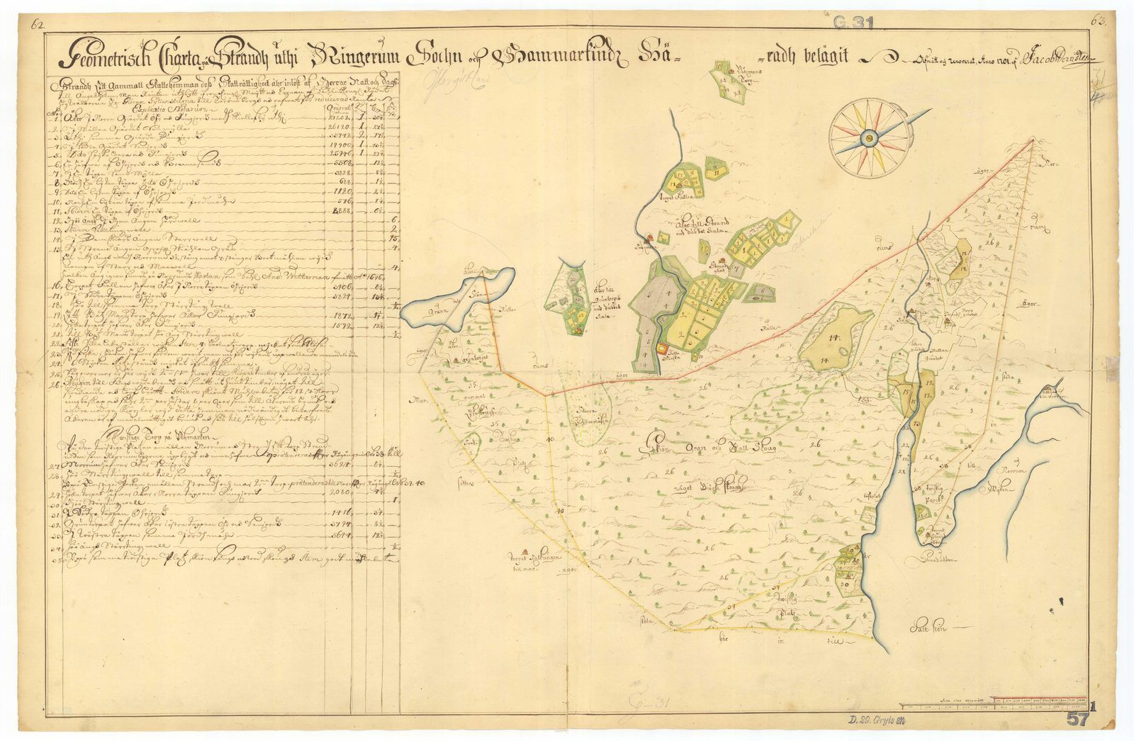 Lantmätaren Wernstens karta över Strand, 1701. Husets plats ligger i ängen vid bäcken, lott nummer 15.