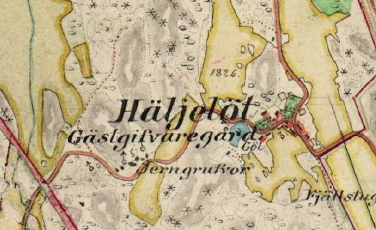 Häljelöts gästgivargård, där auktionen hölls, och gruvorna norr om Strand. Häradsekonomiska kartan 1868–77.