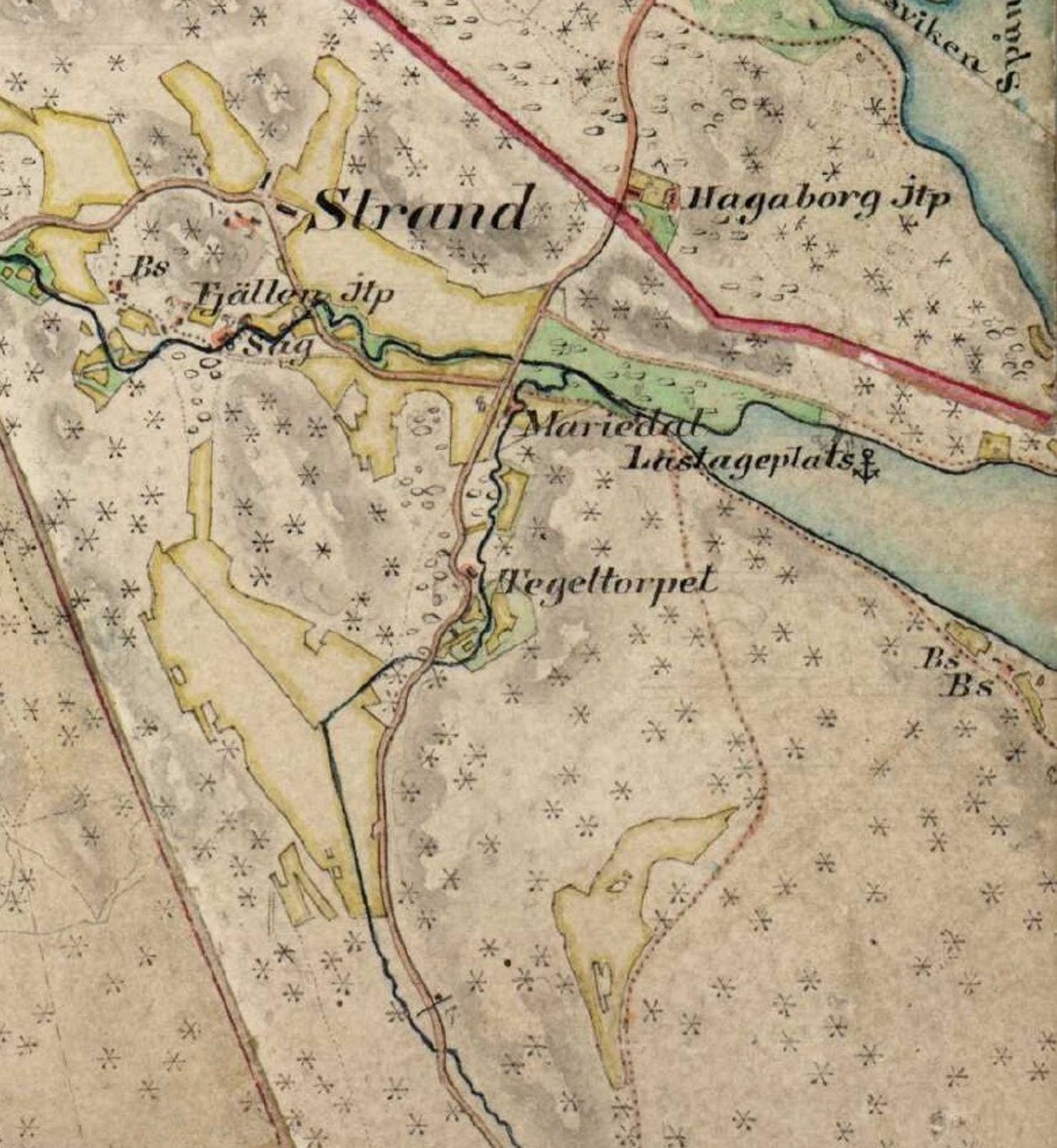 Häradsekonomiska kartan 1868–77: Mariedal, lastageplatsen med ankarsymbol, Tegeltorpet och Fjällen.