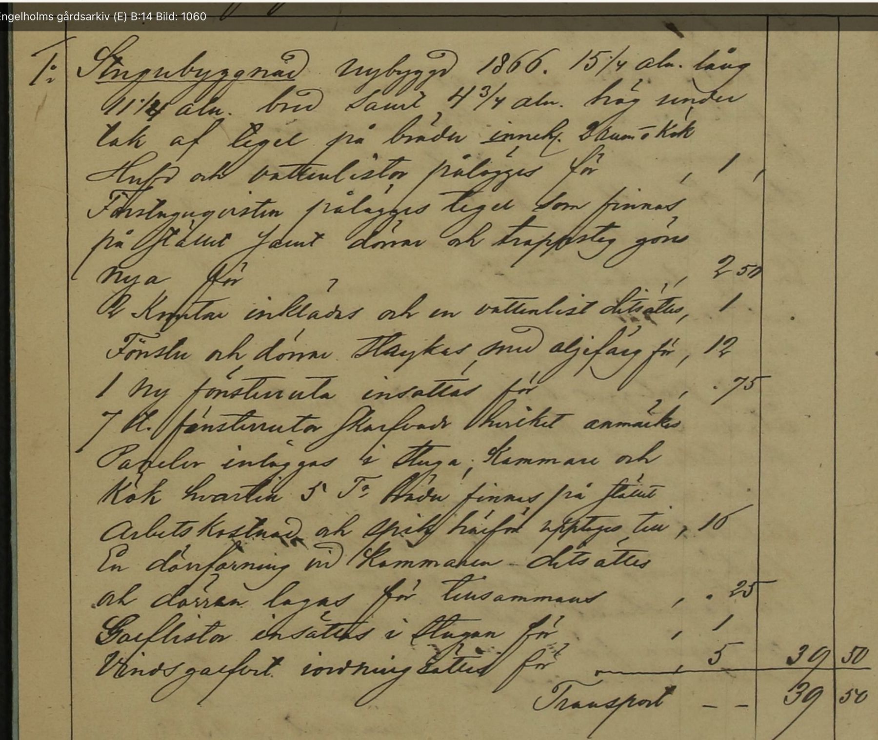 Husesynen på Höktorpet 1869: stugan byggd 1866, och sju skarvade fönsterrutor ”hvilket anmärkes”.