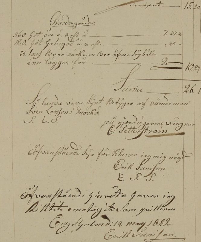 Sista sidan av Tegeltorpets husesyn, kvitterad på Engelholm den 14 maj 1822. Här står bron över Sågbäcken.