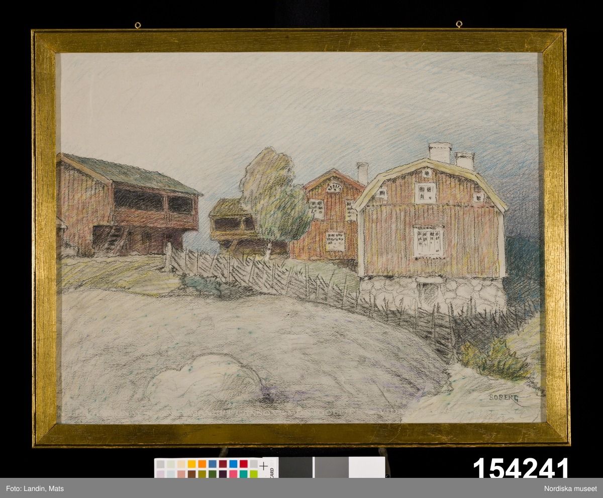 Ferdinand Bobergs teckning ”Bondgård i Rulterum”, 1924. Till vänster två loftbodar med svalgång. Nordiska museet, foto Mats Landin, CC BY-NC-ND.
