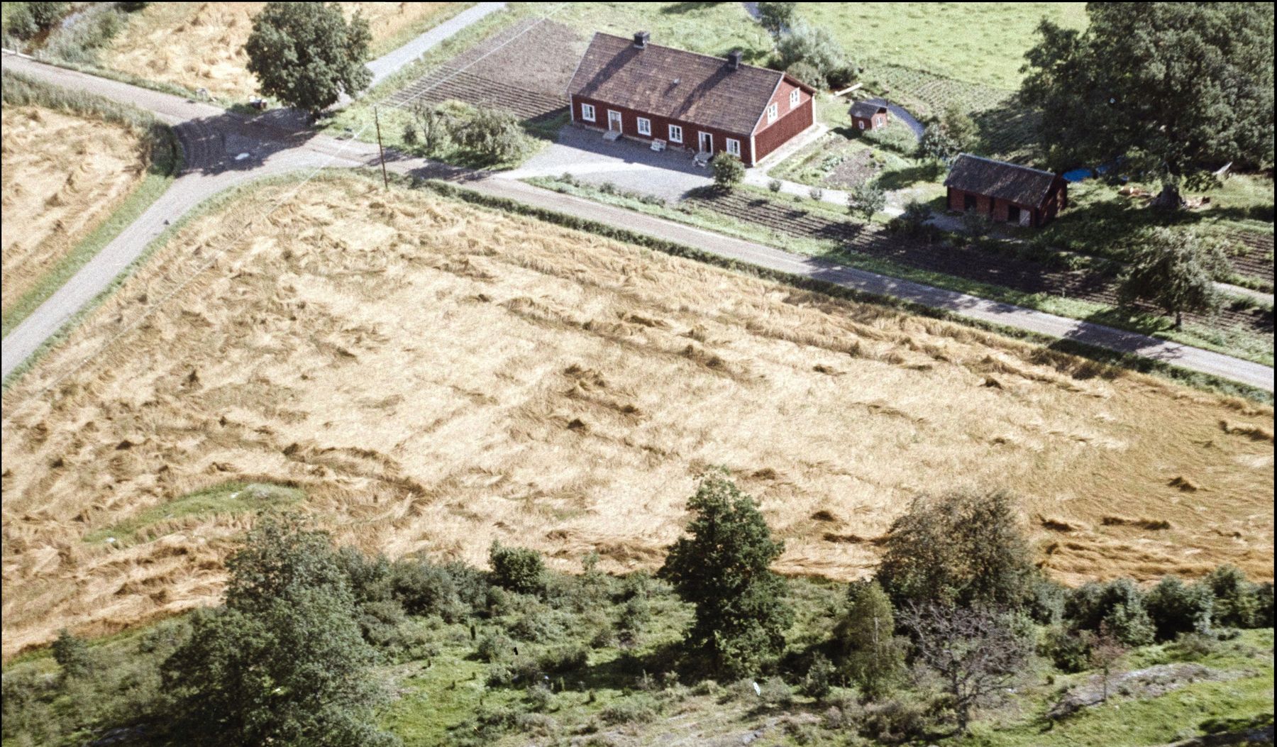 Mariedal från luften: boningshuset till vänster, ladugården vid vägen till höger och ett litet uthus mellan dem. Året är okänt.