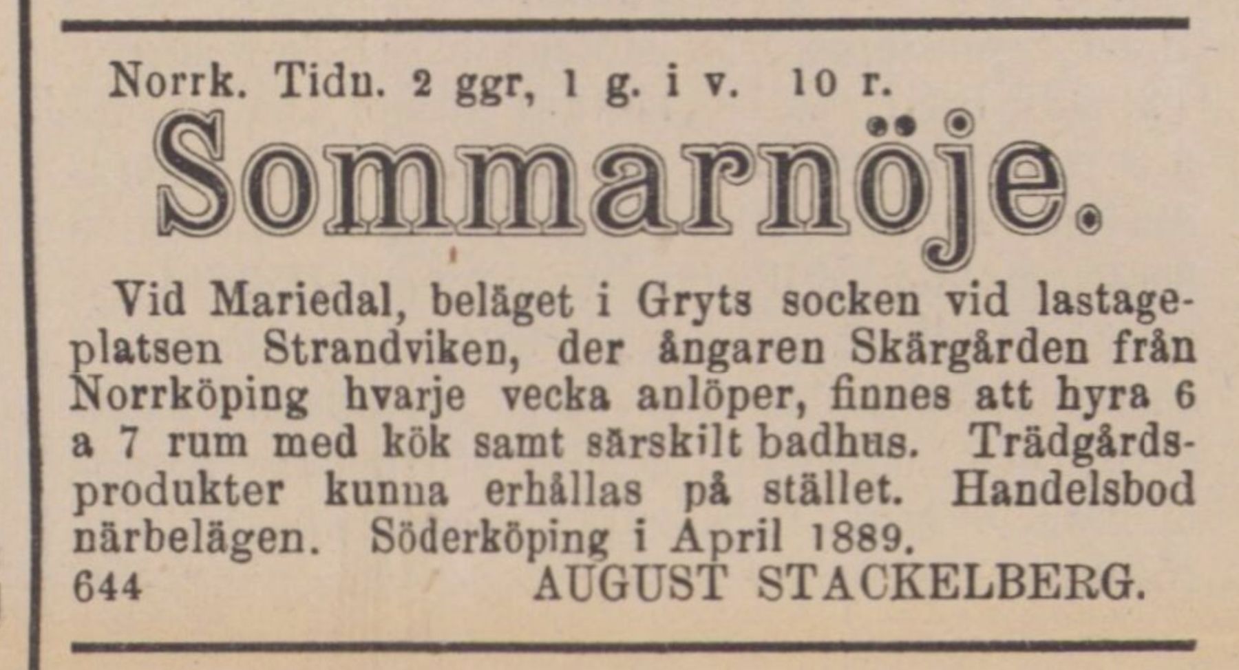 ”Sommarnöje” vid Mariedal, Söderköpingsposten 26 april 1889.